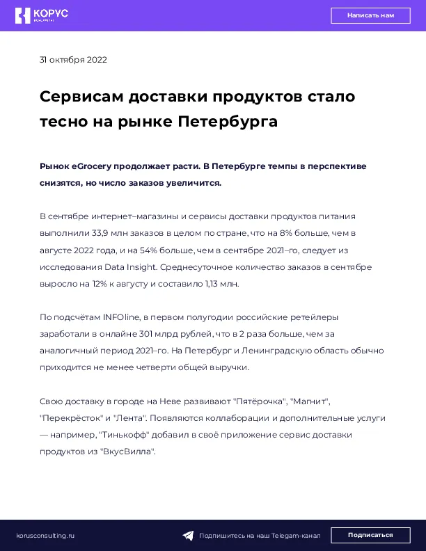 Сервисам доставки продуктов стало тесно на рынке Петербурга