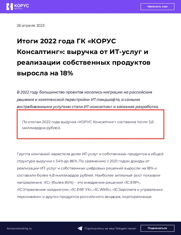 Итоги 2022 года ГК «КОРУС Консалтинг»: выручка от ИТ-услуг и реализации собственных продуктов выросла на 18%